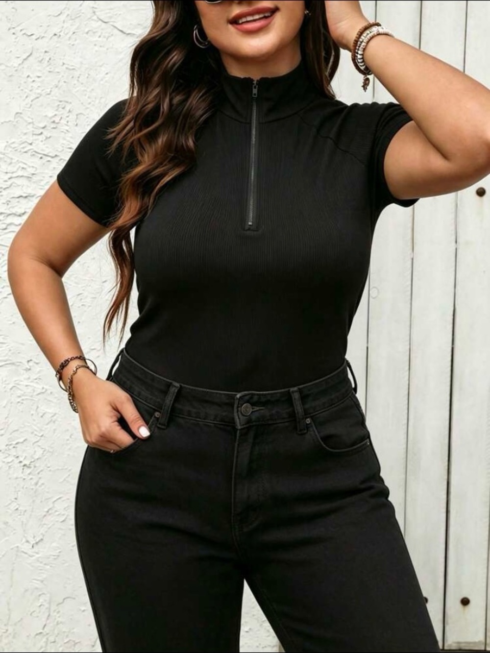 Black Short-Sleeve Zip Mock Neck Women's Top